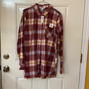 Multi-orange plaid tunic length shirt